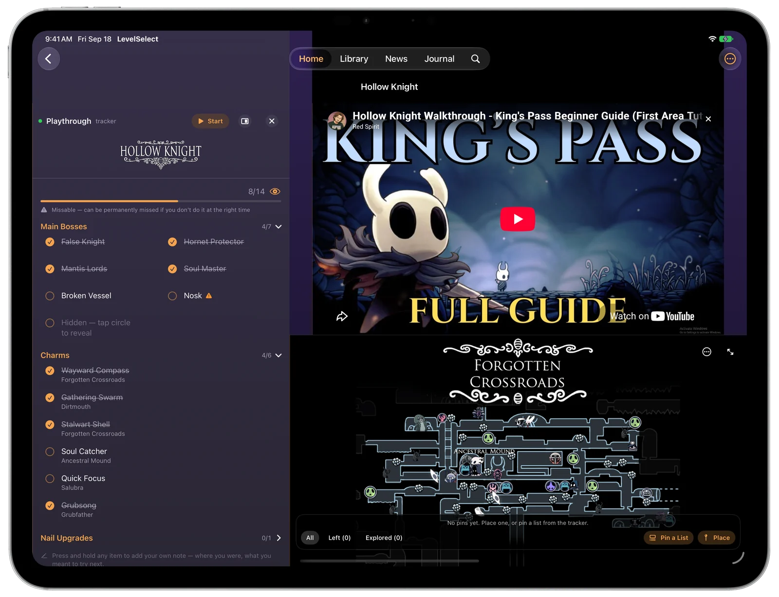 Hollow Knight on iPad with three panes: its tracker under the game’s logo on the left, a King’s Pass guide video playing top right, and the Forgotten Crossroads map below it.