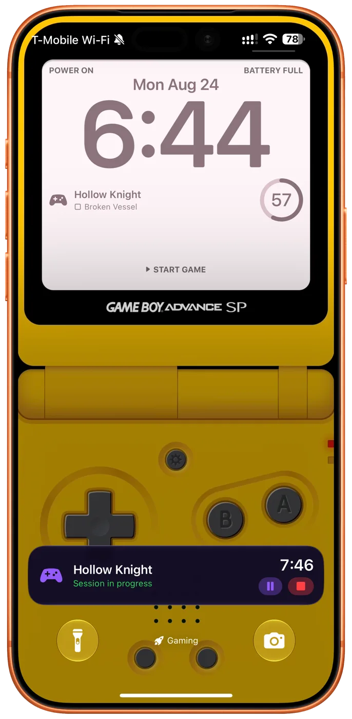 Lock Screen showing a LevelSelect widget with Hollow Knight at 57 percent and a Live Activity counting a session at 7 minutes 46 seconds.