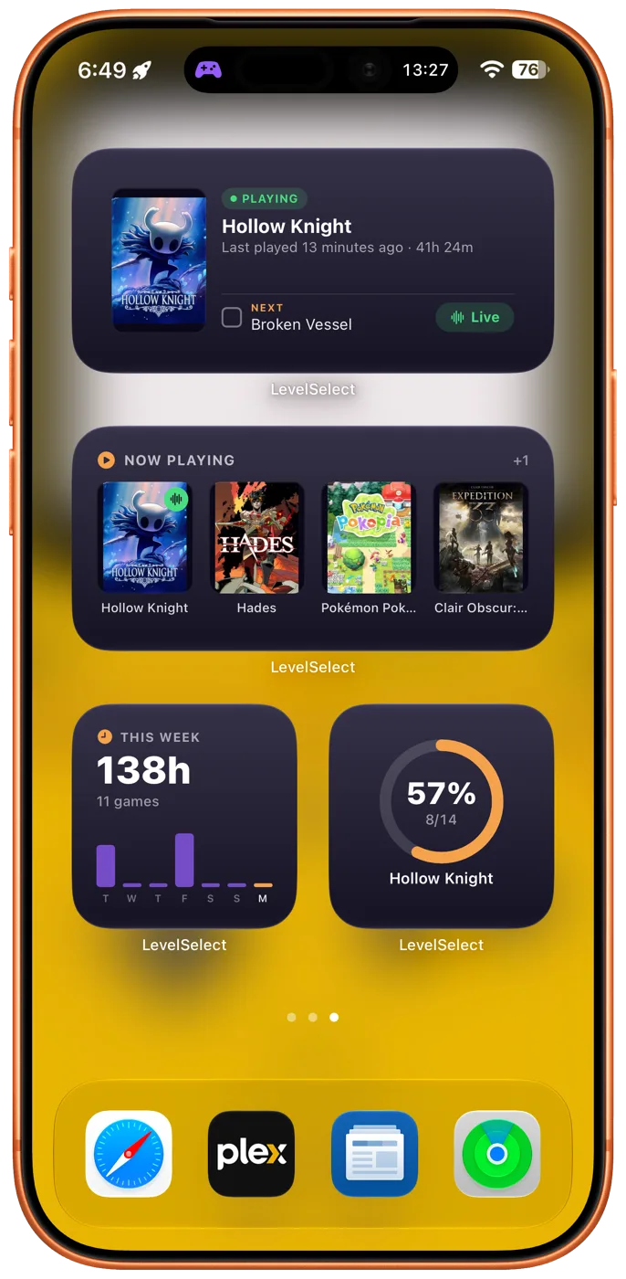 Home Screen with LevelSelect widgets: Hollow Knight playing with its next objective, a Now Playing row, 139 hours this week, and a completion ring.