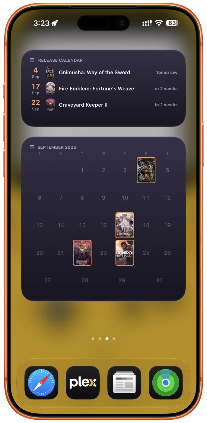 Two LevelSelect widgets on the Home Screen: a Release Calendar list reading Onimusha tomorrow and two more in two weeks, and a September month grid with each game’s cover sitting on the day it arrives.