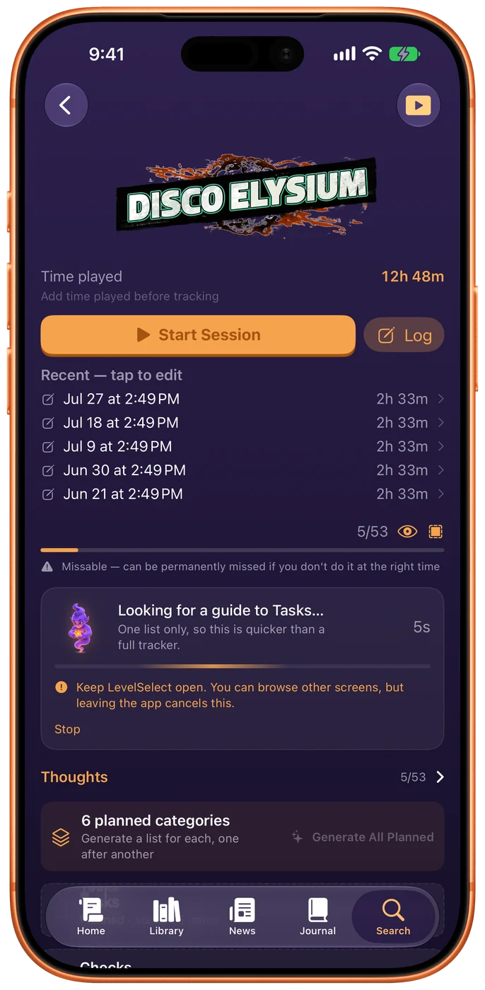 "Looking for a guide to Tasks — one category only, so this is quicker than a full tracker" running above Quests, Thoughts, Skill Checks and Dialogues, each still marked Planned with its own Generate button.