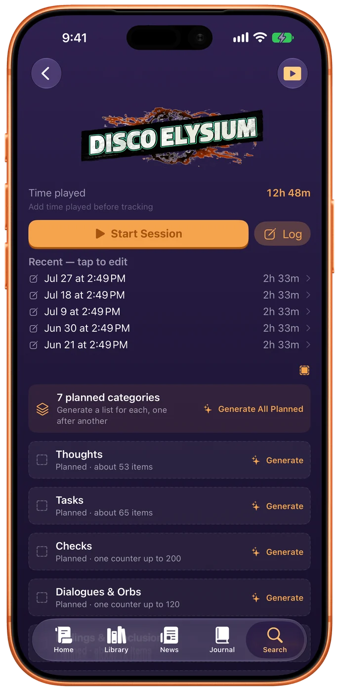 Disco Elysium’s tracker planned for 100 percent: seven categories — Thoughts, Tasks, Checks, Dialogues and more — each marked Planned with its own Generate button.