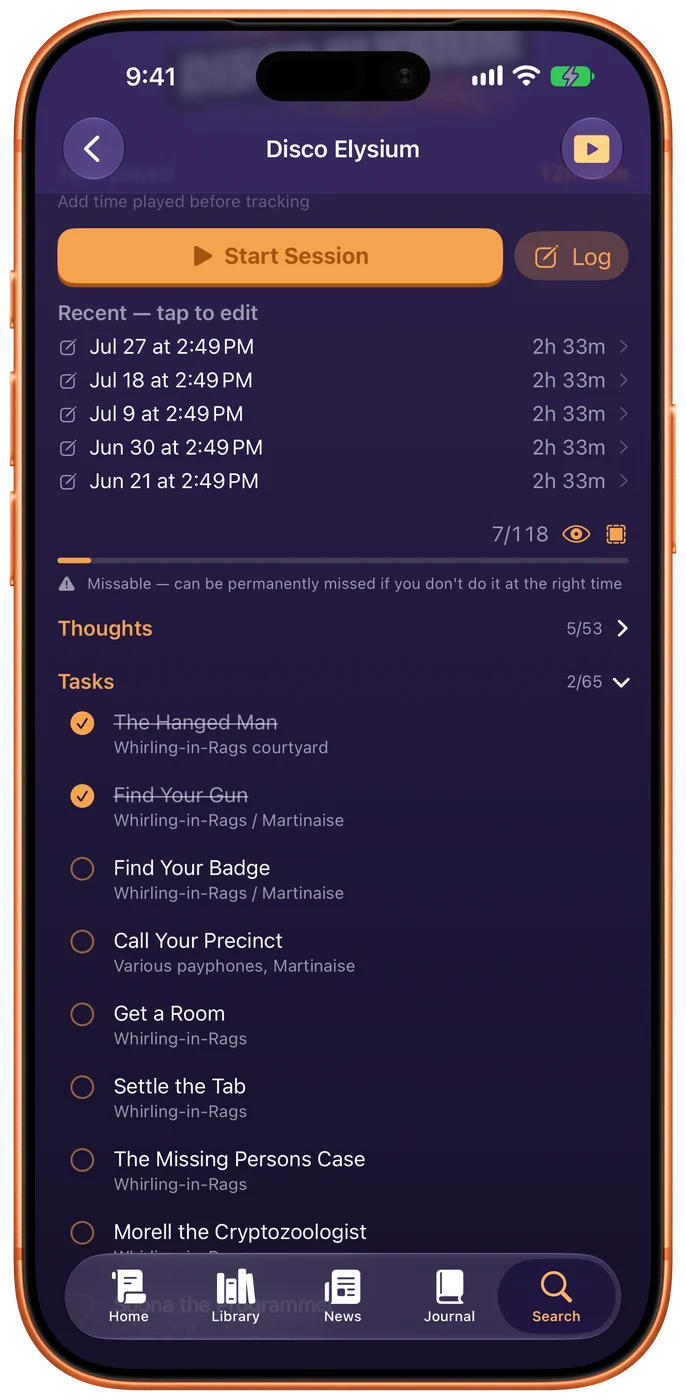 Disco Elysium’s Tasks list under its logo: The Hanged Man and Find Your Gun ticked, then Find Your Badge, Call Your Precinct and The Missing Persons Case, each with where in Martinaise it happens.