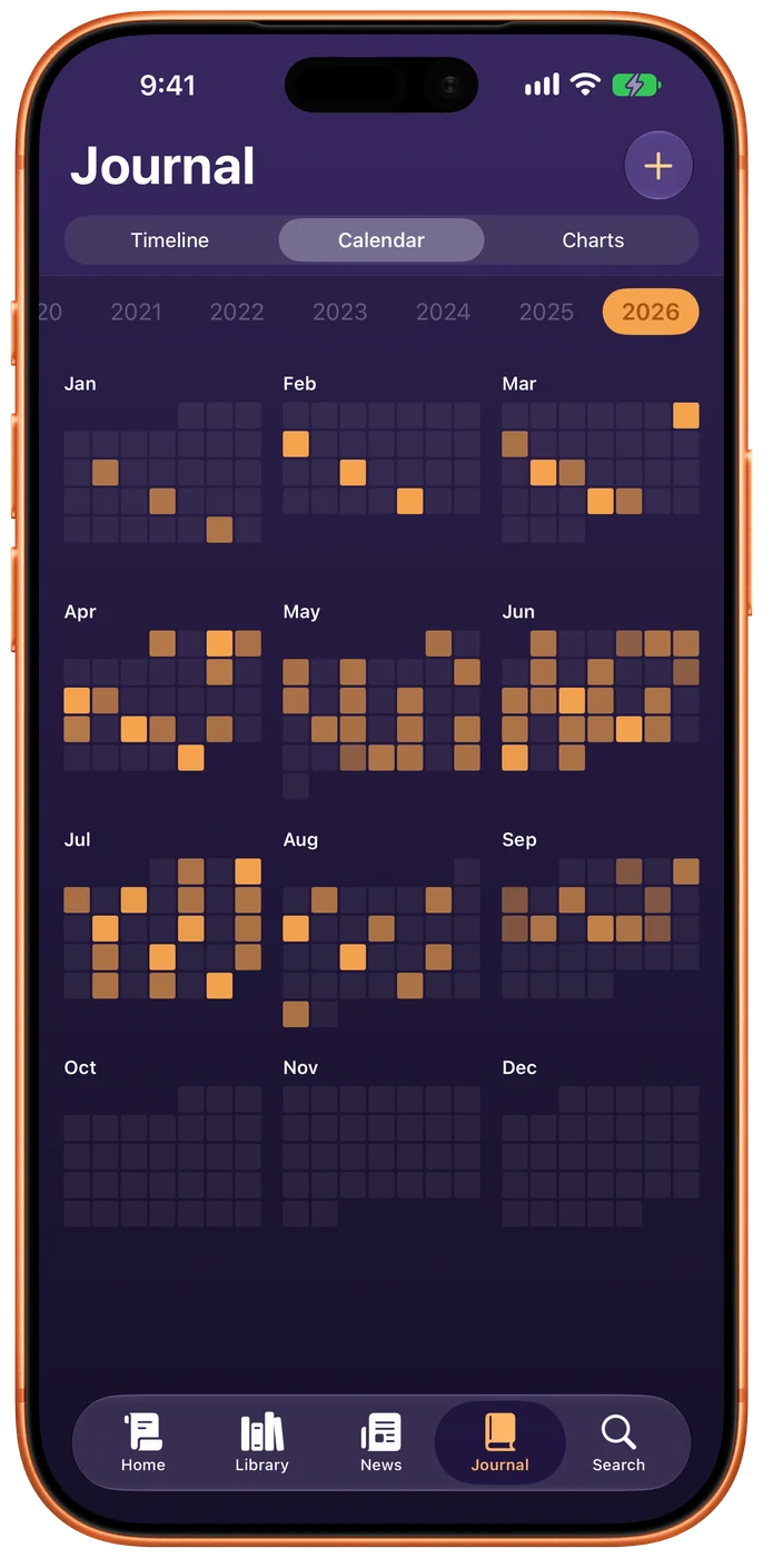 The Journal calendar showing a whole year as twelve small months, each day a square shaded by how much was played, with a row of years along the top and 2026 selected.