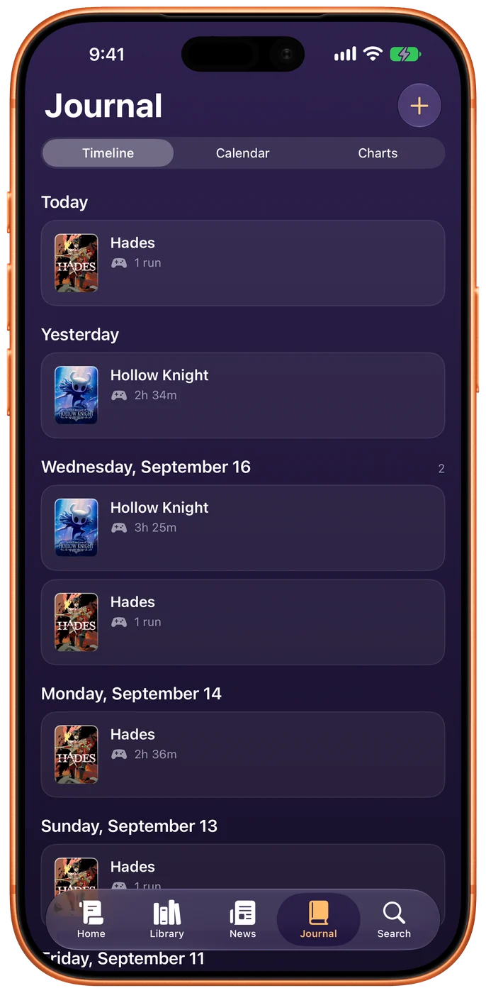 The Journal timeline on iPhone: today and yesterday’s sessions of Hades and Hollow Knight, each a single row for the day, then earlier in the week. 