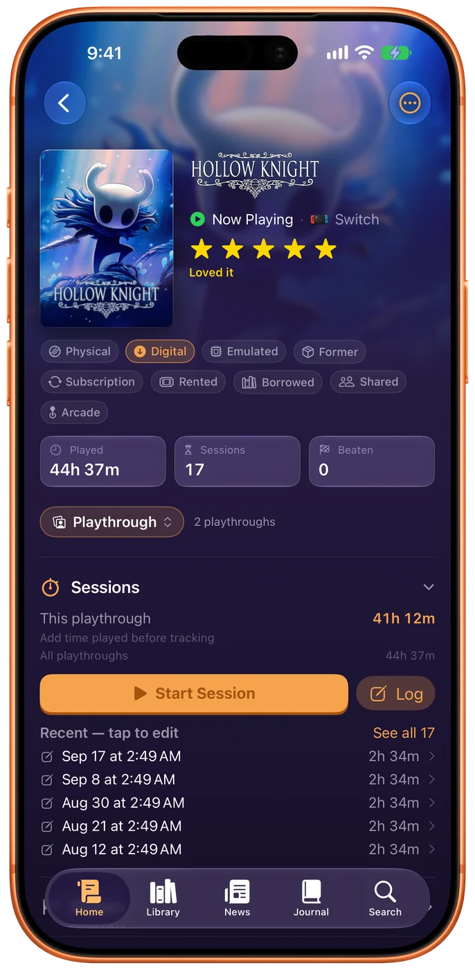 The same game arranged as Classic: the cover beside its details rather than under the art, Now Playing on Switch, five stars, and the Sessions list open beneath with a Start Session button.