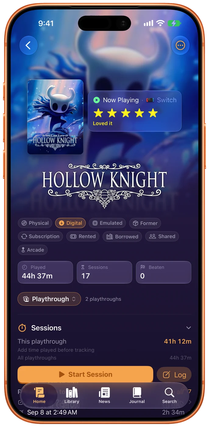 The Hollow Knight game page in the Showcase layout: its own key art filling the header, the cover above the game’s logo where a title would be, five stars, Now Playing on Switch, and a row reading 44 hours 37 minutes played across 17 sessions.