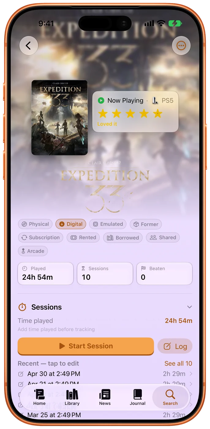 Clair Obscur: Expedition 33 in light mode: its key art faded behind the cover, Now Playing on PS5 with five stars, 24 hours 54 minutes over 10 sessions, and a Start Session button. 