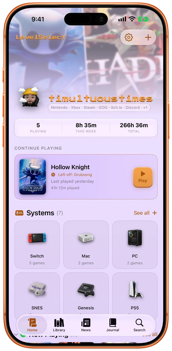 LevelSelect home in light mode: a pale lilac ground, the profile and the week’s totals across the top, Hollow Knight in Continue Playing and the systems below. 