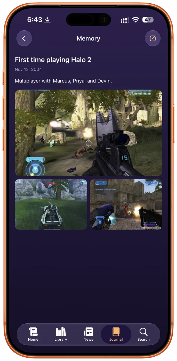A single memory opened: First time playing Halo 2, 13 November 2004, the note “Multiplayer with Marcus, Priya, and Devin”, and three screenshots, one large above two smaller.