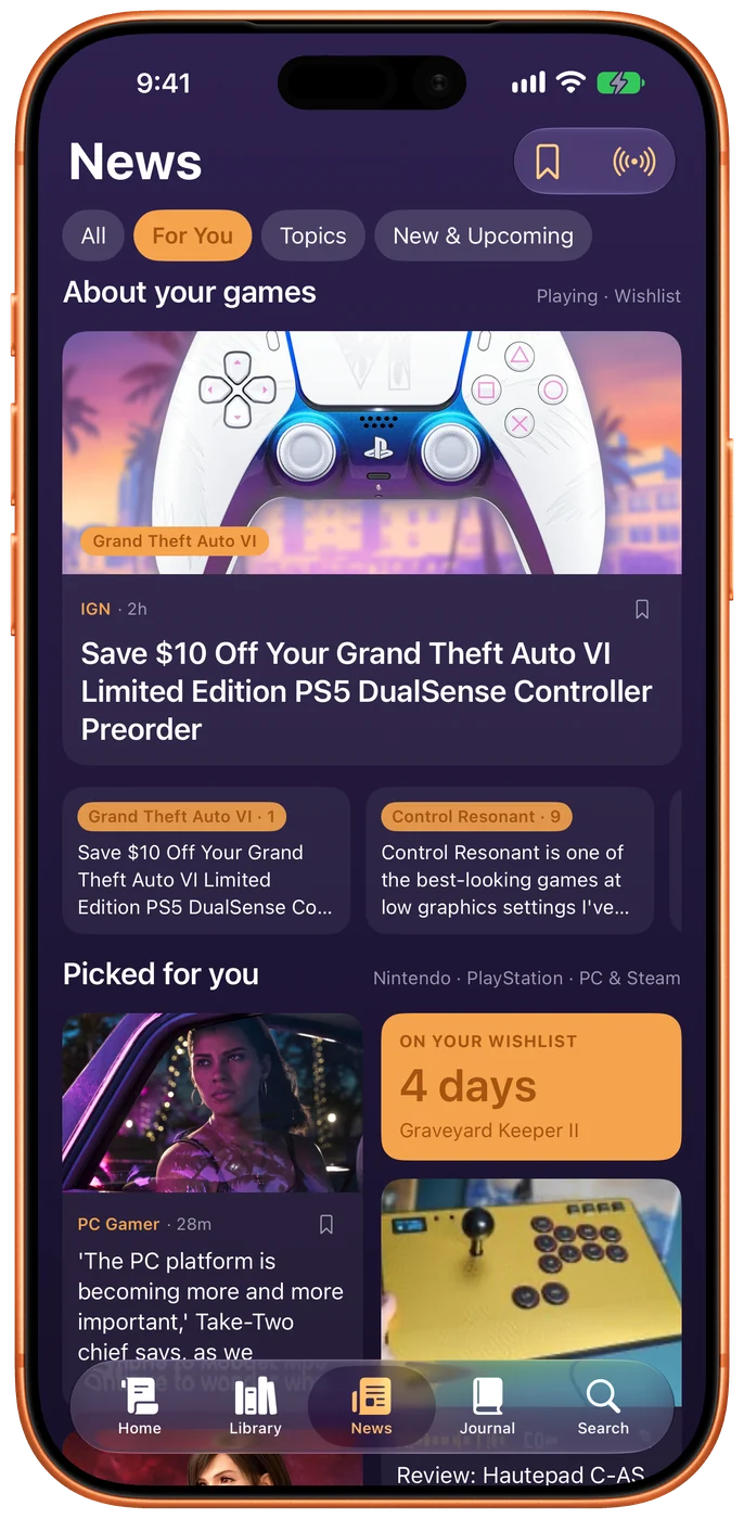 The News tab: For You selected, About your games leading with a story about a game on your wishlist, then Picked for you with a four-days countdown to a wishlisted release.