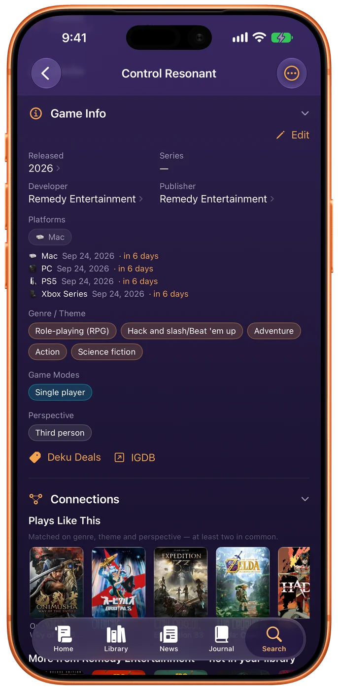 Control Resonant’s Game Info in LevelSelect: every platform with its own date — Mac, PC, PS5 and Xbox Series on 24 September, each in 6 days — and Mac marked MINE. 