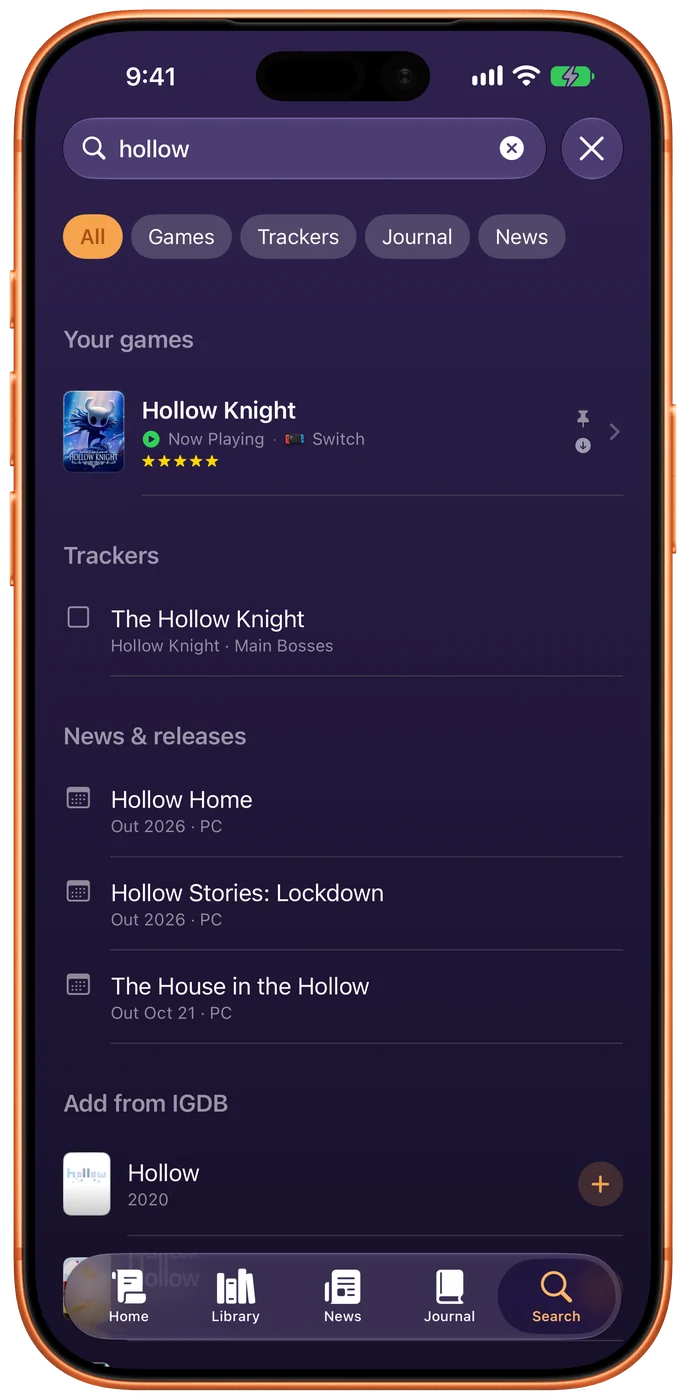 Search for “hollow”: Hollow Knight in your games, a tracker item, news and releases — The Hollow Home, Hollow Stories: Lockdown — and IGDB results to add.