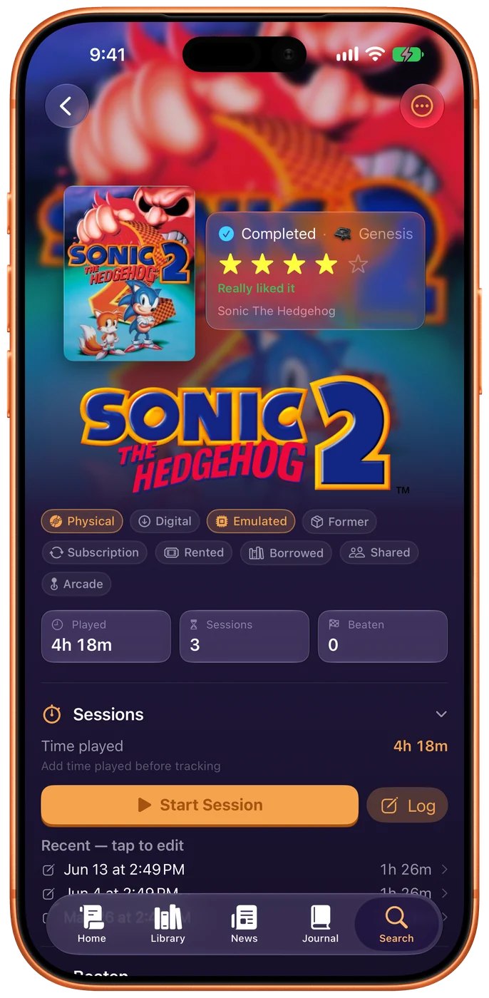 Sonic the Hedgehog 2 on Genesis, its logo across the header art, marked Old Favorite and owned Physical and Emulated at once, beaten twice across 4 hours 42 minutes.