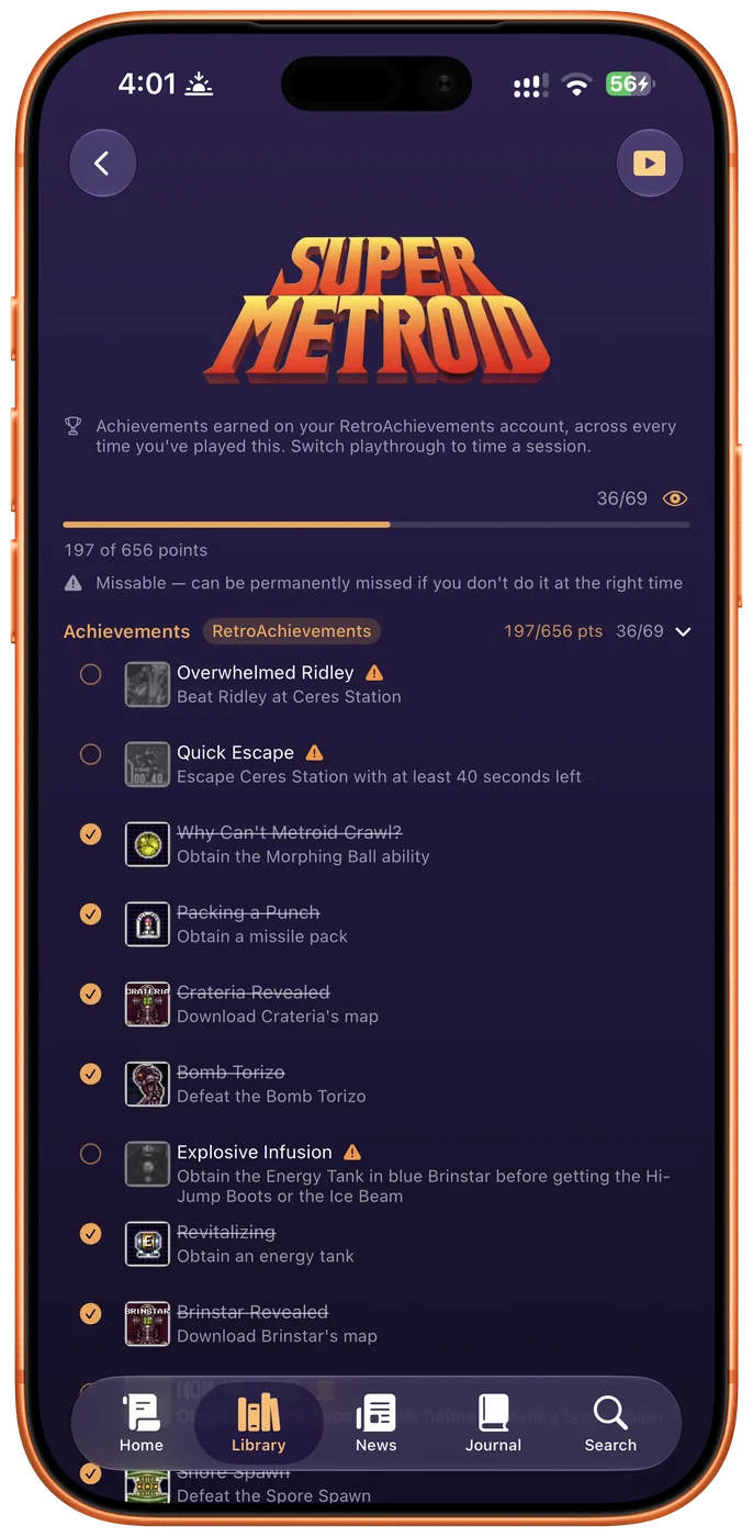 Super Metroid’s imported RetroAchievements set: 36 of 69 earned, 197 of 656 points, a RetroAchievements badge naming the source, a warning about permanently missable entries, and each achievement with its own icon, name and requirement.