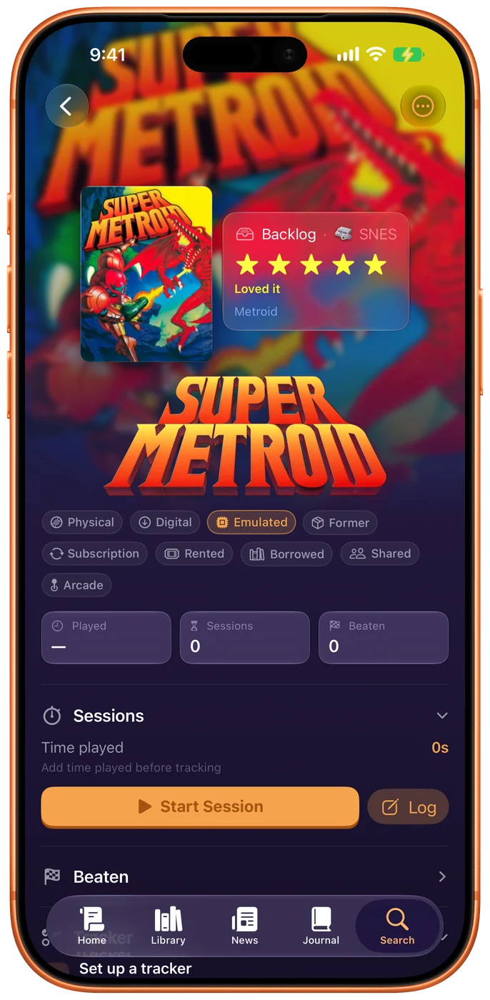 Super Metroid in LevelSelect: its own logo over key art, marked Completed on SNES, five stars, owned Emulated, a RetroAchievements badge, and a Beaten entry reading “Beat the game · SNES · 2022”.