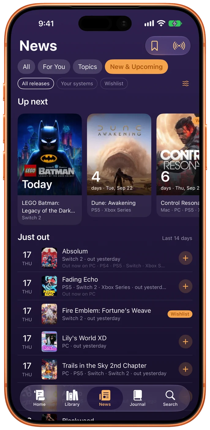 New & Upcoming: Up next with covers counting down — Today, 4 days, 6 days — then Just out, each dated and marked with the systems it came to.