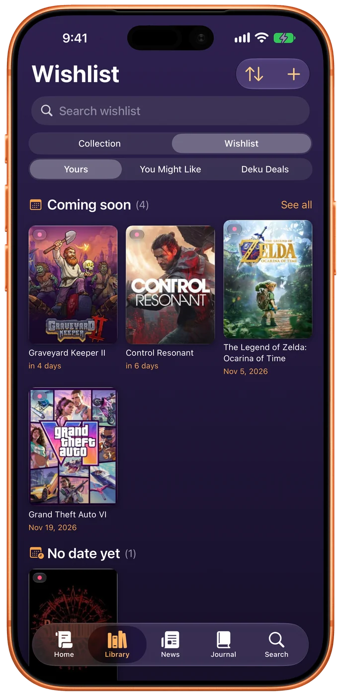 Library with Wishlist selected: Coming soon with covers and dates — Graveyard Keeper II, Control Resonant, The Legend of Zelda: Ocarina of Time — then No date yet.